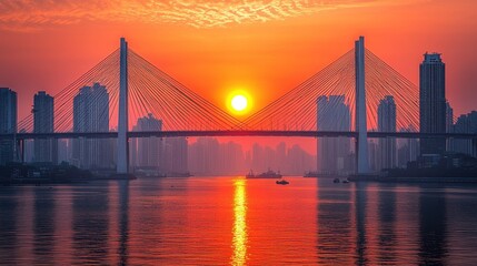 Fototapeta premium City sunrise over river with bridge silhouette and boat