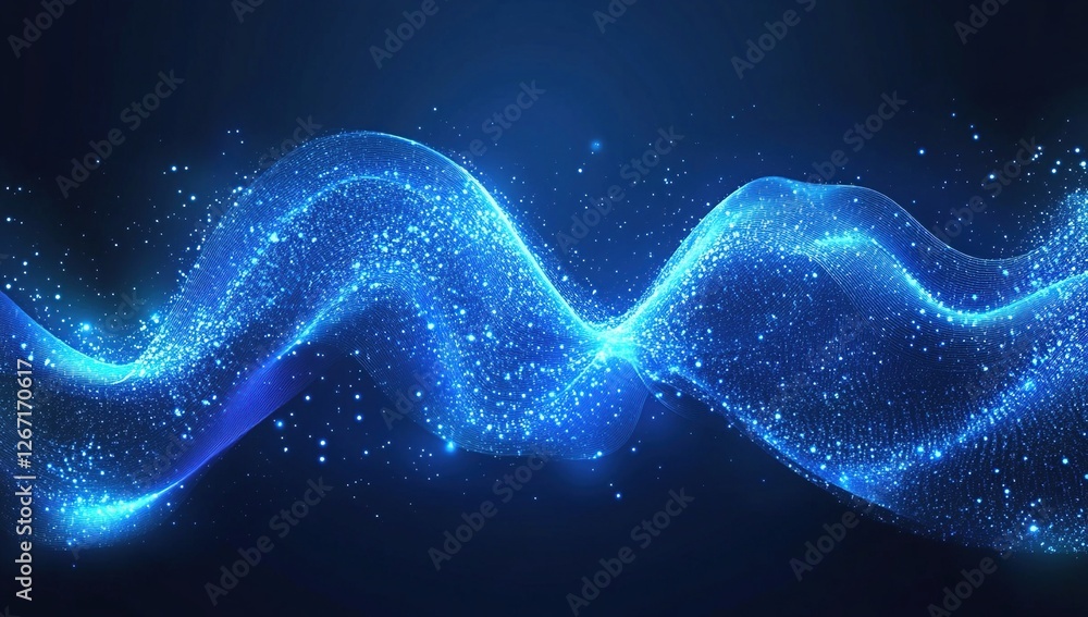 Poster glowing blue particles flowing dynamically, creating abstract waves of light and energy with sparkli