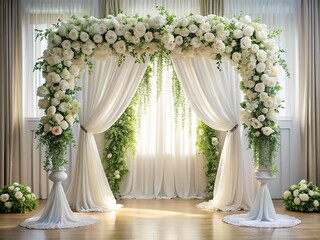 Elegant White Floral Wedding Arch with Draped Fabric & Steps - Perfect Ceremony Backdrop
