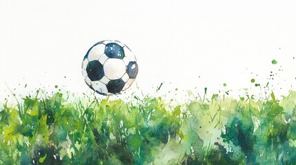 Watercolor Illustration of Soccer Ball on Grass with Green Background