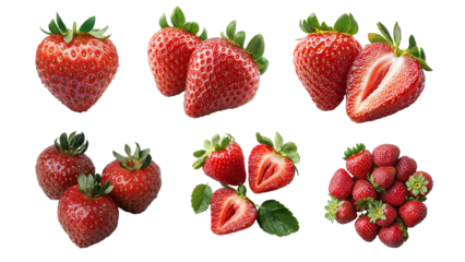 Strawberry collection, strawberry cut in half, strawberry group isolated on transparent background. PNG. Cutout