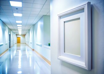 Fototapeta premium Empty White Picture Frame Mockup in Hospital Corridor Blurred Background - Medical Stock Photo