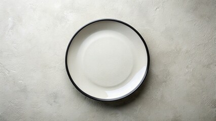 Empty White Ceramic Plate with Black Rim - Light Textured Background, Flat Lay, Copy Space