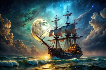 Fototapeta premium Enchanted Pirate Ship at Moonlight: Hand-Drawn Dark Abstract Background Stock Photo