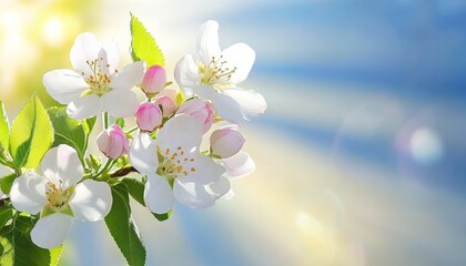 Spring Blooming, Branch of a Flowering Tree With Pink Buds and White Blossoms against a Blue Sky