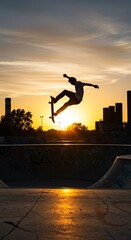 Skateboarder performing trick at sunset in urban skatepark with graffiti background