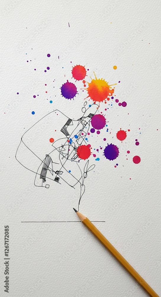 Poster creative abstract art with pencil sketch and colorful splashes on textured paper