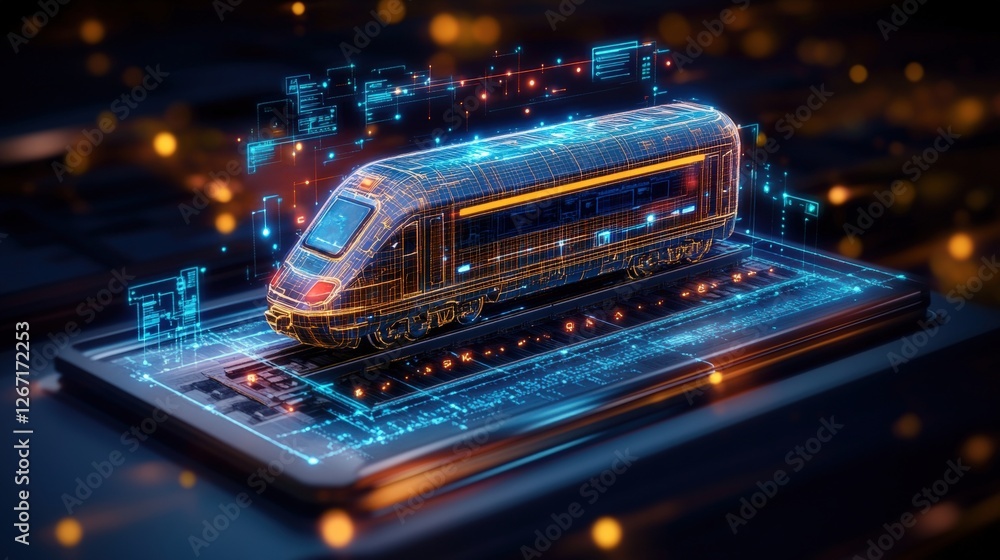 Aufkleber holographic train blueprint displayed on tablet with cityscape background and digital interfaces vie