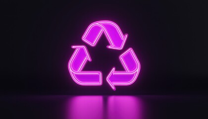 An illuminated neon pink recycling symbol glowing against a dark background, emphasizing sustainability and eco-friendliness.