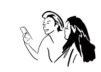 Woman with mobile phone. Black and white  illustration on white background.