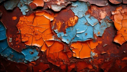 A close-up grunge texture focusing on chipped paint edges and small rust particles background