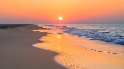 Fototapeta premium Serene Sunrise Over Sandy Beach And Ocean Waves