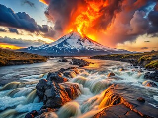 Fototapeta premium Fiery Lava Flow Meets River, Majestic Mountain Backdrop - Dramatic Volcanic Landscape Stock Photo