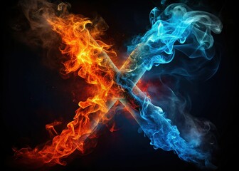Fototapeta premium Fiery X Symbol, Blue Smoke, Dark Background - Abstract Stock Photo