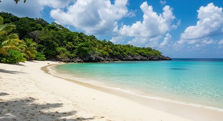 Fototapeta premium Tropical Beach Paradise with Turquoise Water, White Sand, and Lush Vegetation
