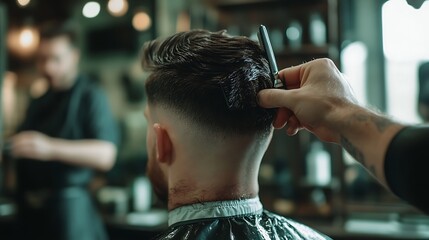 Barber styling man's hair with comb in barbershop.
