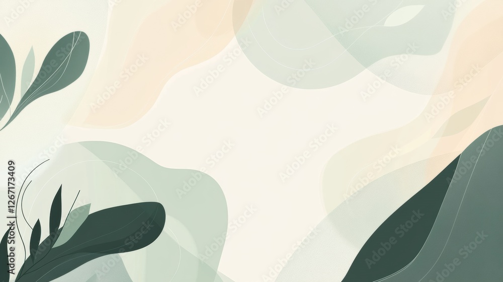 Poster soft abstract design featuring greenery and gentle waves in muted colors for a serene atmosphere. ge