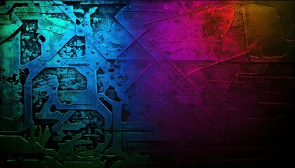 Obraz premium A cyberpunk grunge texture blending neon colors with distressed metallic surfaces and dark background