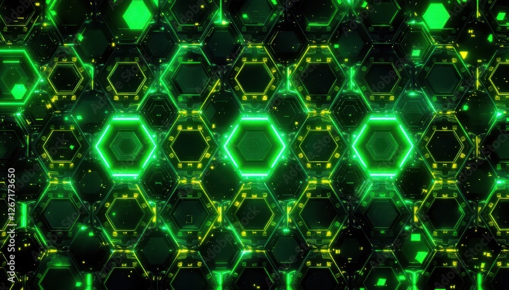 Poster glowing green hexagonal pattern with futuristic digital aesthetic and neon light effect