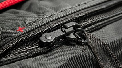 Close-up of black bag zipper, focus on detail and functionality