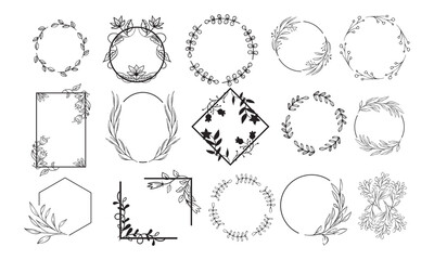 Decorative round floral frames hand drawn. Vintage laurel wreath