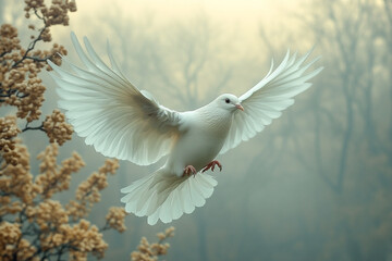 Obraz premium White Dove Ascending Through Misty Air A Symbol of Hope and Peace