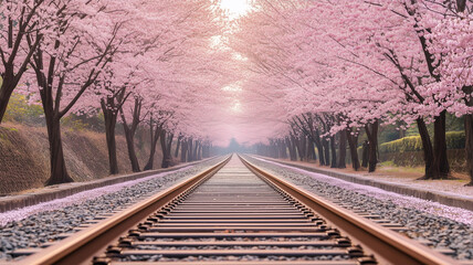 Fototapeta premium 真っ直ぐな線路と対称に広がる桜並木、低い視点から描く春の情景