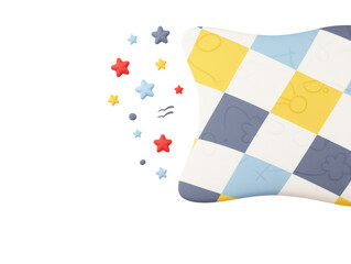 Pillow with patterned design and colorful handmade quilt featuring squares on a soft surface