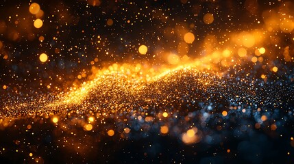 Naklejka premium Golden particles wave, dark background, bokeh, abstract design