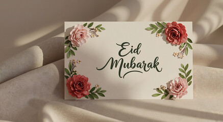 Eid Mubarak greeting card with floral design on soft fabric