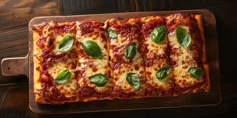 Rectangular Pizza with Basil: A close-up of a rectangular pizza with melted mozzarella cheese, vibrant tomato sauce, and fresh basil leaves. The pizza is presented on a rustic wooden board.