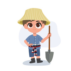 adorable cartoon farmer with manual farming tools working, agriculture tools