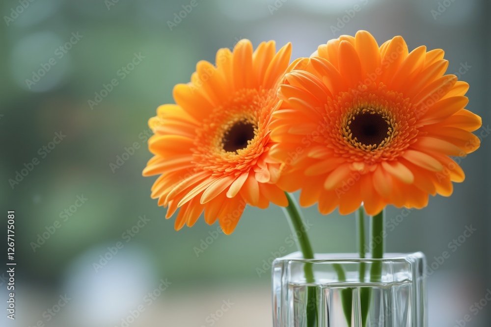 Wall mural Bright orange gerbera daisies in a clear vase bring warmth to a serene indoor space