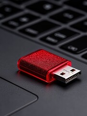 Close-up of a red USB drive plugged into a laptop, symbolizing modern data storage and connectivity.