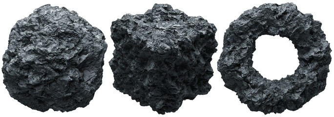 The pack of 3 rock stone objects. The grungy sphere, cube and circle made of mineral. 3d render