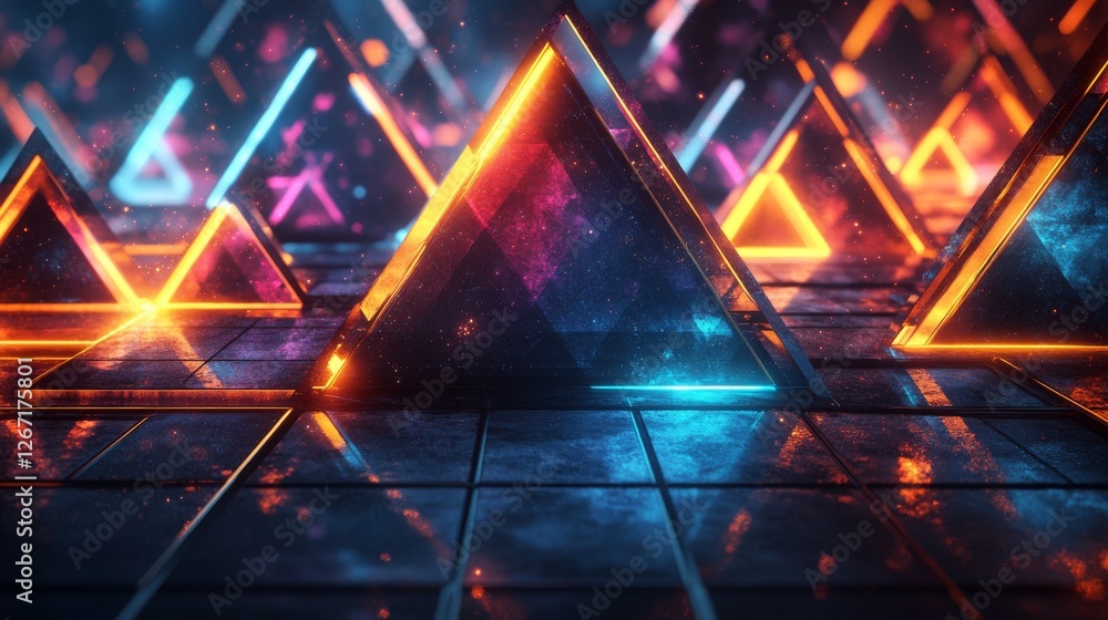 Poster illuminated geometric triangles create a mesmerizing vibrant and futuristic scene