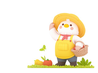 Cartoon character and farmer celebrating with baskets of fresh vegetables in a vibrant outdoor setting