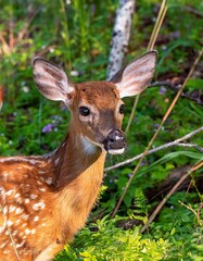 cervatillo de color marrón claro, con manchas blancas visibles en su pelaje. El cervatillo está de pie sobre un camino de tierra,