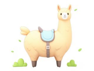 Happy llama with colorful saddle standing in a vibrant blue background illustration