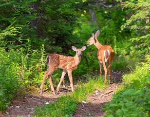 cervatillo de color marrón claro, con manchas blancas visibles en su pelaje. El cervatillo está de pie sobre un camino de tierra,