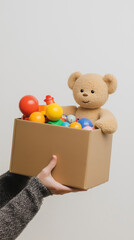 Donation Box of Toys: A pair of hands carefully holds a cardboard box overflowing with colorful children's toys, a cuddly teddy bear peeking out from the top, symbolizing generosity and childhood joy.