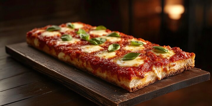Rectangular Pizza with Basil: A close-up shot of a rectangular pizza, with a crispy crust, a generous helping of tomato sauce, gooey mozzarella cheese, and fresh basil leaves.