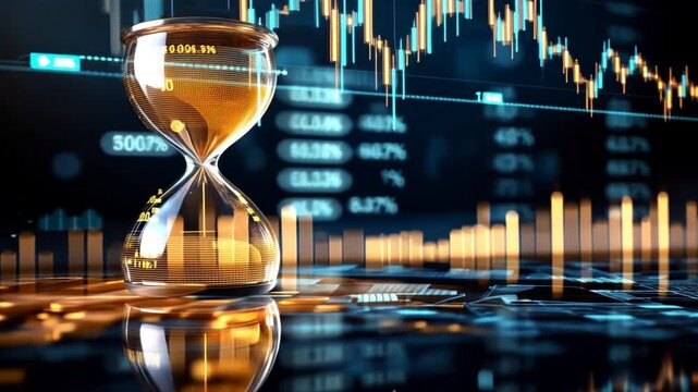 Time is Money: An hourglass sits prominently in the foreground, its sand slowly dripping against the backdrop of a dynamic stock market chart, symbolizing the fleeting nature of time in finance.