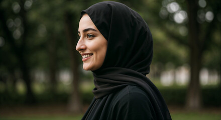 Smiling woman in black hijab outdoors in a green park