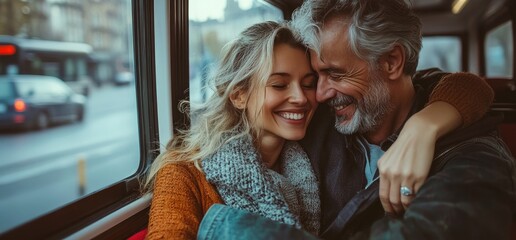 Couple cuddling on bus, city view, travel romance