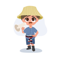 Adorable cartoon farmer making an announcement with megaphone