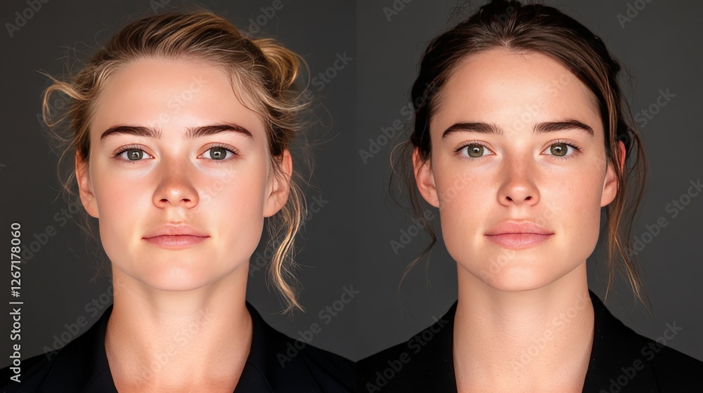Poster symmetrical portrait of twin sisters with identical facial features natural expressions and soft lig