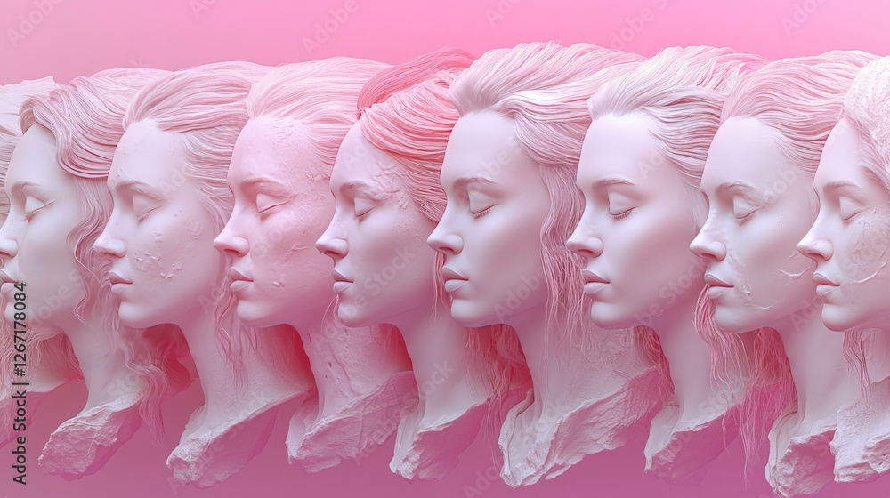 Poster surreal pink toned 3d render of multiple identical female faces arranged in repetition symbolizing a