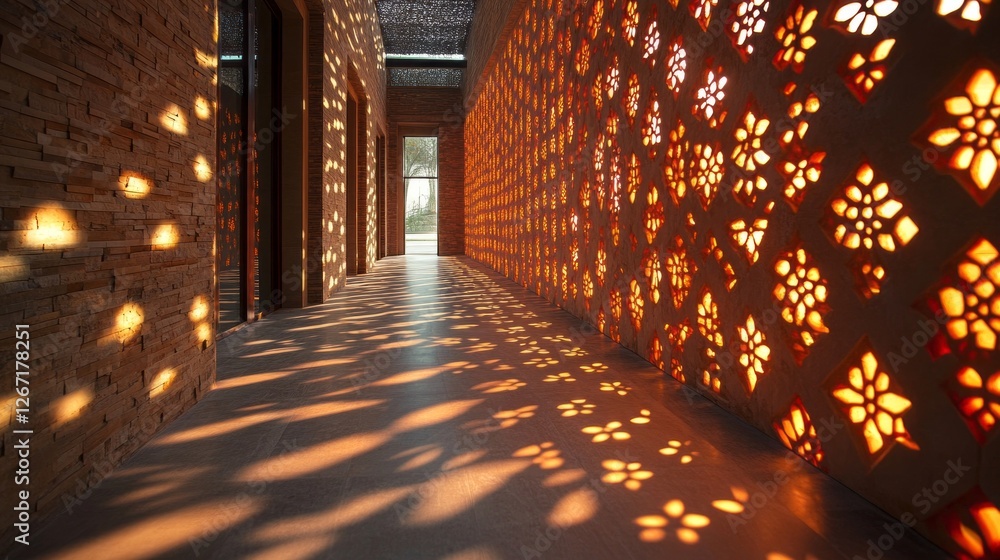 Poster soft light filters through beautifully carved lanterns, projecting intricate floral patterns along a