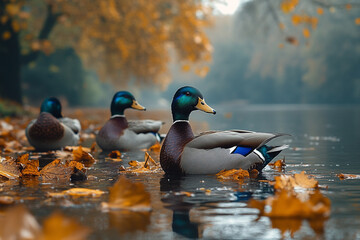 Autumnal Serenity, Mallard Ducks Soothingly Gliding on Leaf-Strewn Waters